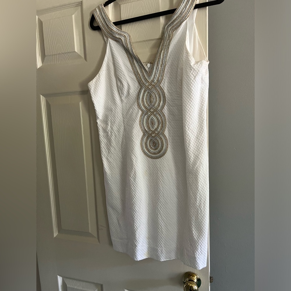 Lilly Pulitzer white/gold embroidered shift dress size L